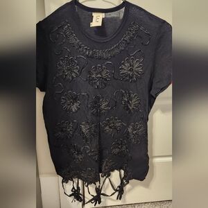 Comme De Garsons $679 Flower Applique Short Sleeve Top Size M Black
